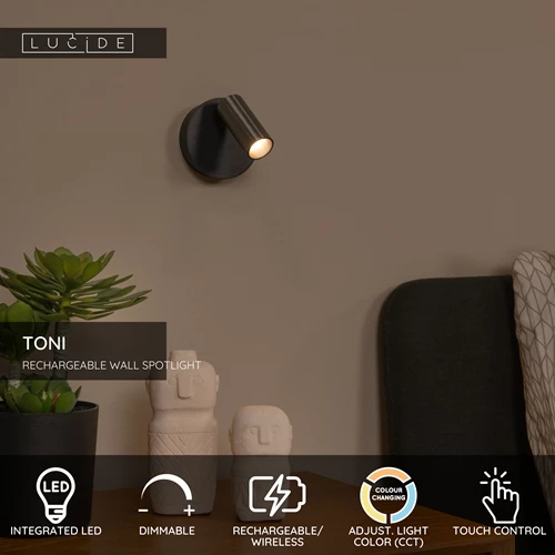 Lucide TONI - Rechargeable Wall spotlight / Wall light - Battery pack - Ø 8,1 cm - LED Dim. - CCT - 1x2W 2700K/4000K - Magnetic - Grey iron - USP